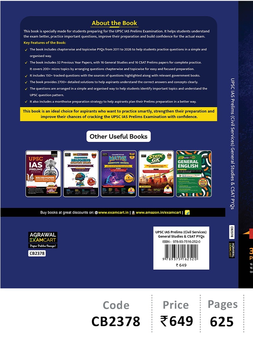 Examcart UPSC IAS Prelims General Studies (GS) & CSAT PYQs Book 2026 | Chapter & Topic-wise 2700+ Previous Year Questions & Detailed Solutions for Civil Services Exam (English Medium)