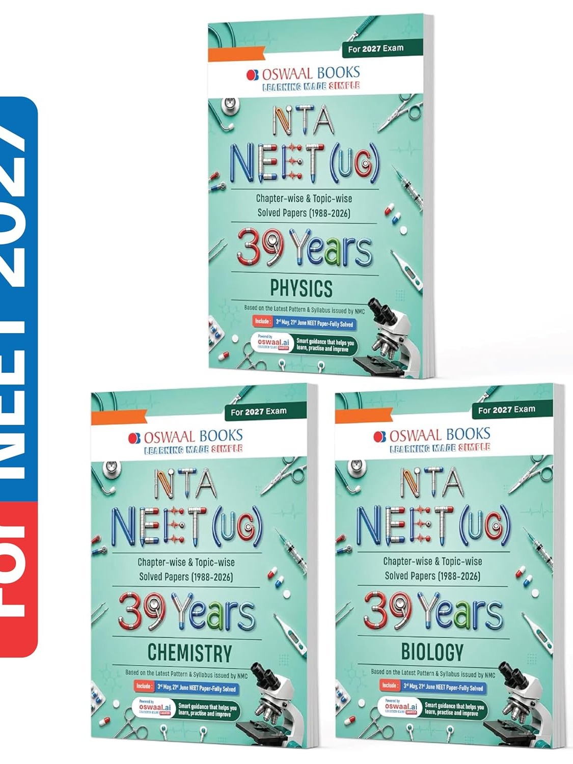 Oswaal NEET 39 Years’ Chapter-wise & Topic-wise Question Bank-Physics, Chemistry And Biology (Set of 3 Books) (1988-2026) | 3rd May and 21 June 2026 Paper Fully Solved | Revision Notes | for 2027 Exam