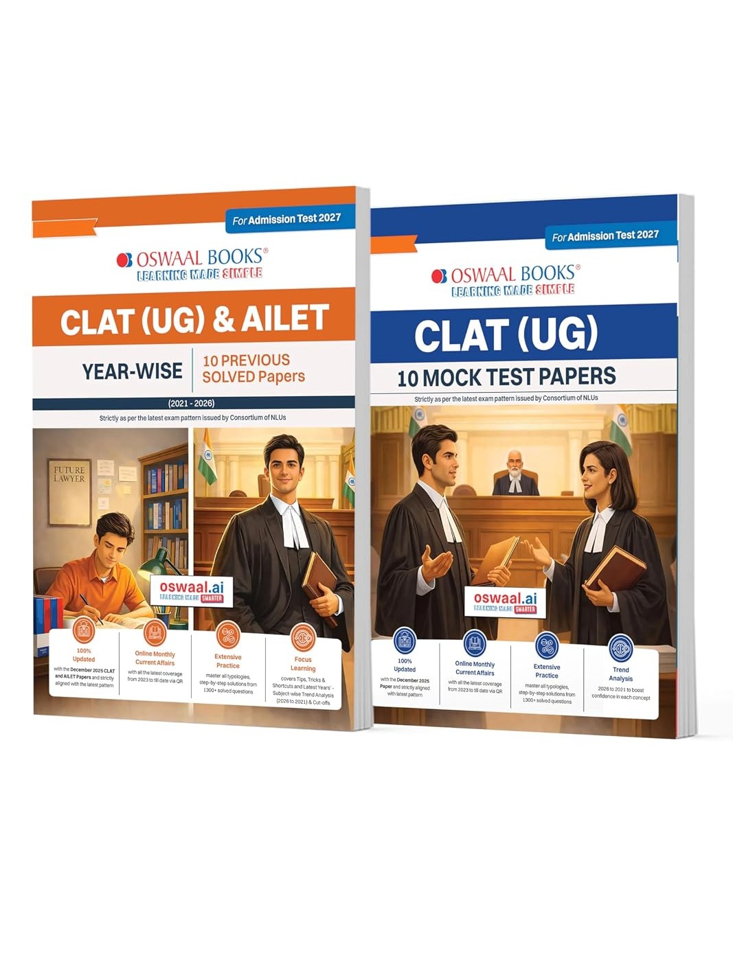 Oswaal CLAT (UG) & AILET Year-wise 10 Previous Solved Papers + 10 Mock Test Papers (Set of 2 books) | For 2027 Admission Te